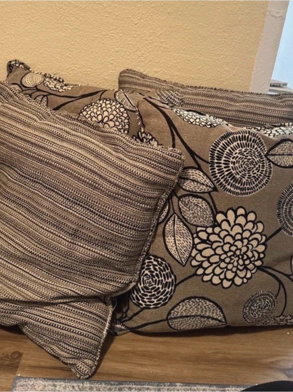 Neutral Floral & Striped Accent Pillow Set in Beige and Black